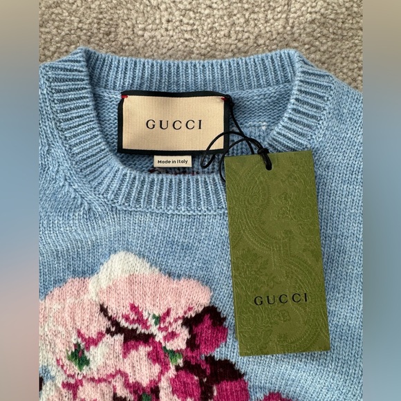 Gucci light blue Intarsia puff sleeve wool sweater - Picture 4 of 10